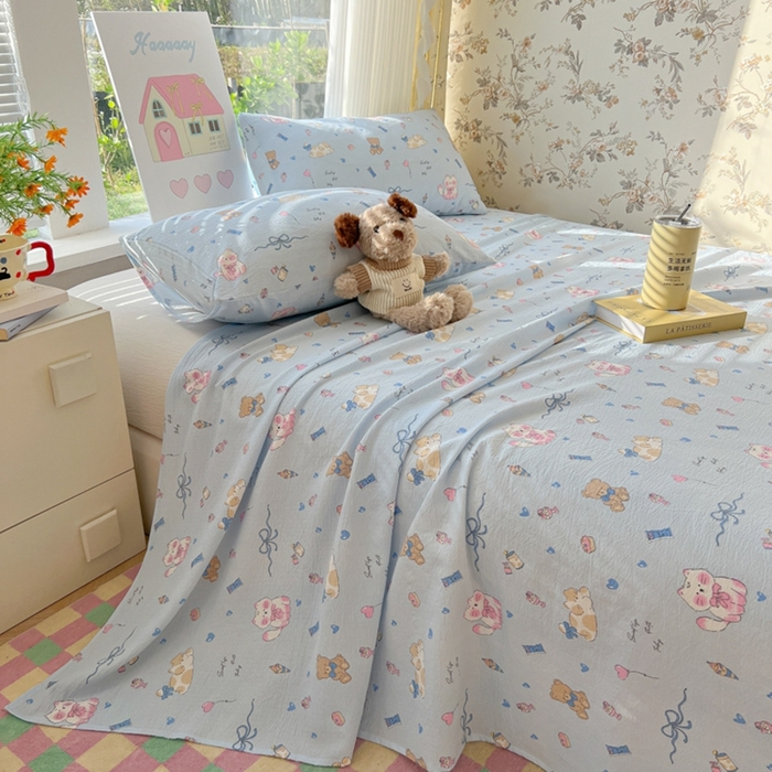 91家纺网 家纺一手货源 找家纺 韩巢家纺 2025新款云感提花双层纱床单被单枕套三件套 小猫时光篮