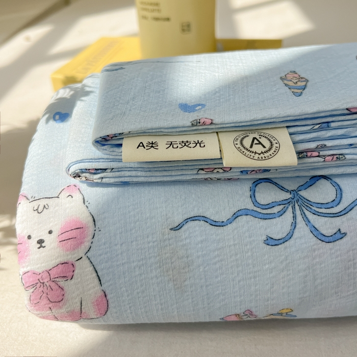 91家纺网 家纺一手货源 找家纺 韩巢家纺 2025新款云感提花双层纱床单被单枕套三件套 小猫时光篮