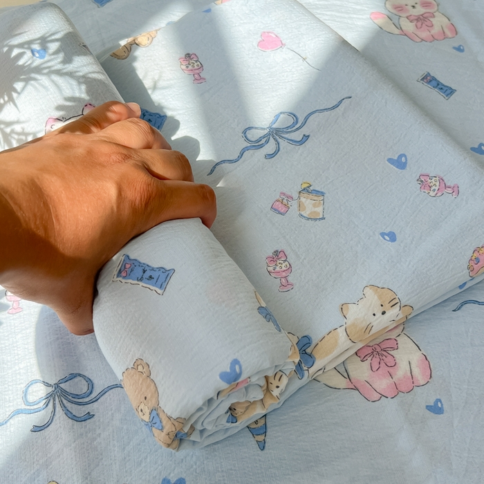 91家纺网 家纺一手货源 找家纺 韩巢家纺 2025新款云感提花双层纱床单被单枕套三件套 小猫时光篮