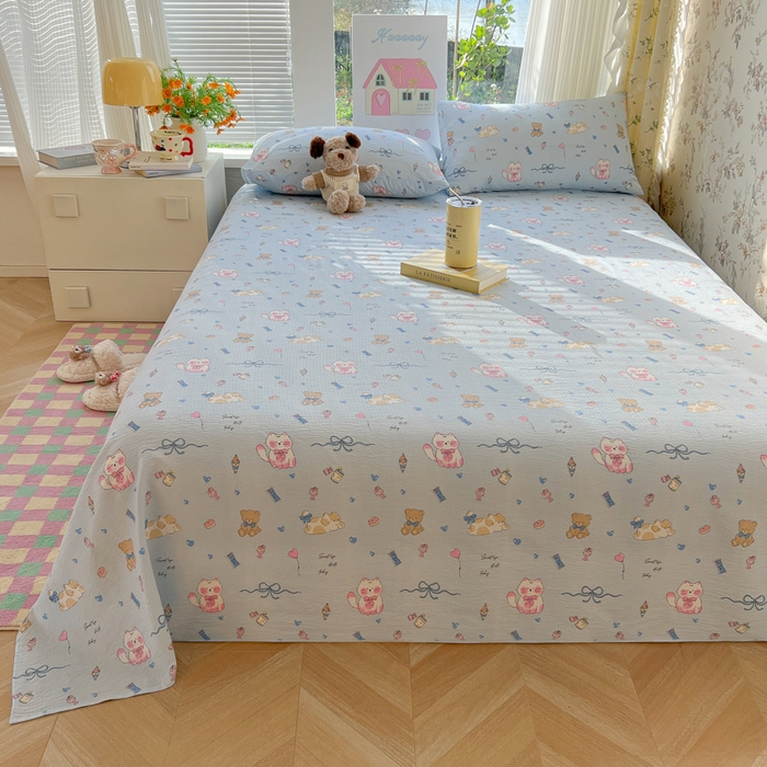 91家纺网 家纺一手货源 找家纺 韩巢家纺 2025新款云感提花双层纱床单被单枕套三件套 小猫时光篮