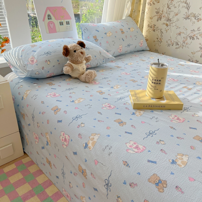 91家纺网 家纺一手货源 找家纺 韩巢家纺 2025新款云感提花双层纱床单被单枕套三件套 小猫时光篮