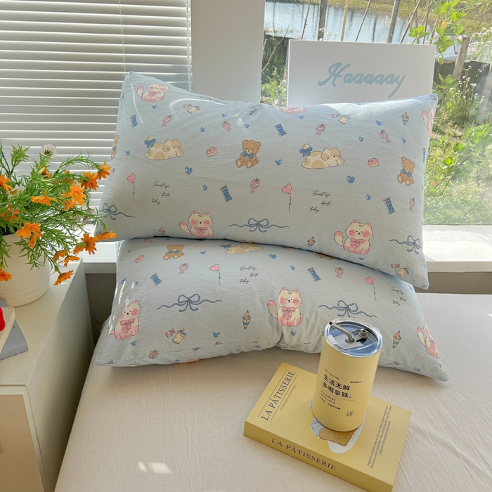 91家纺网 家纺一手货源 找家纺 韩巢家纺 2025新款云感提花双层纱床单被单枕套三件套 小猫时光篮