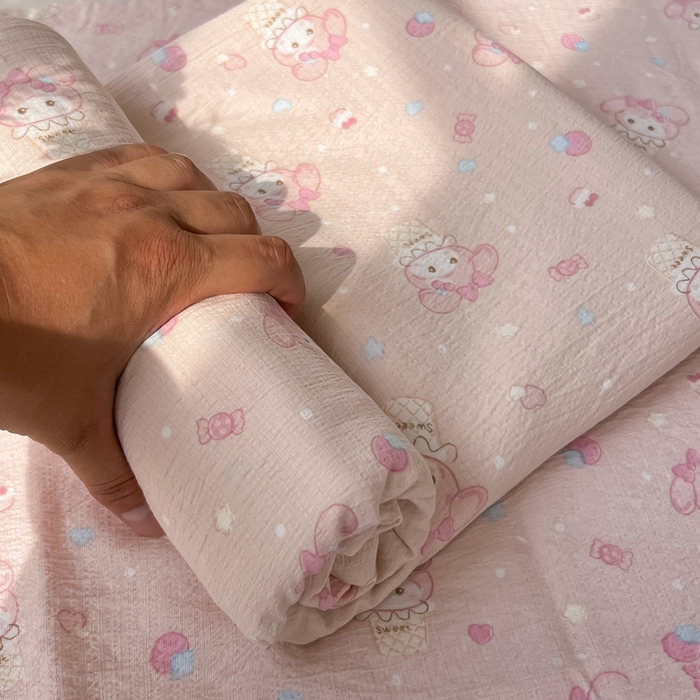 91家纺网 家纺一手货源 找家纺 韩巢家纺 2025新款云感提花双层纱床单被单枕套三件套 小美冰激凌