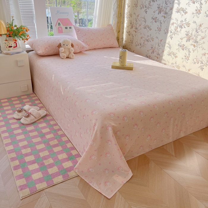 91家纺网 家纺一手货源 找家纺 韩巢家纺 2025新款云感提花双层纱床单被单枕套三件套 小美冰激凌