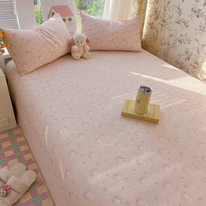 91家纺网 家纺一手货源 找家纺 韩巢家纺 2025新款云感提花双层纱床单被单枕套三件套 小美冰激凌