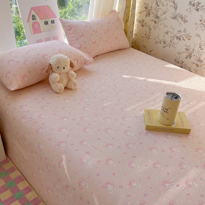 91家纺网 家纺一手货源 找家纺 韩巢家纺 2025新款云感提花双层纱床单被单枕套三件套 小美冰激凌