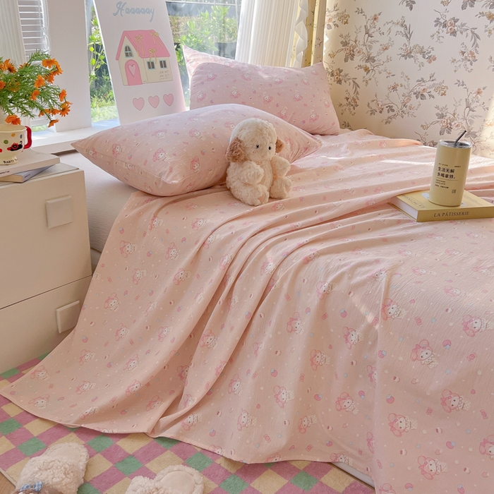 91家纺网 家纺一手货源 找家纺 韩巢家纺 2025新款云感提花双层纱床单被单枕套三件套 小美冰激凌