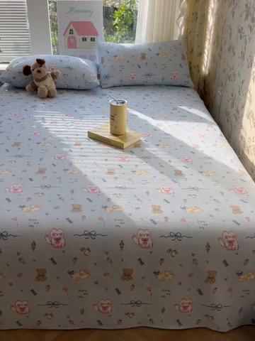 91家纺网 家纺一手货源 找家纺 韩巢家纺 2025新款云感提花双层纱床单被单枕套三件套 小猫时光篮