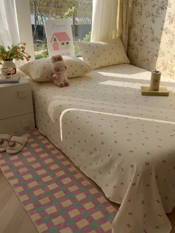 91家纺网 家纺一手货源 找家纺 韩巢家纺 2025新款云感提花双层纱床单被单枕套三件套 粉相思