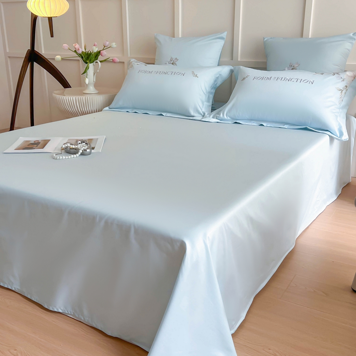 91家纺网 家纺一手货源 找家纺 库里梦家纺 2025新款100S长绒棉纯棉刺绣四件套-春不晚花 春不晚花-浅云蓝