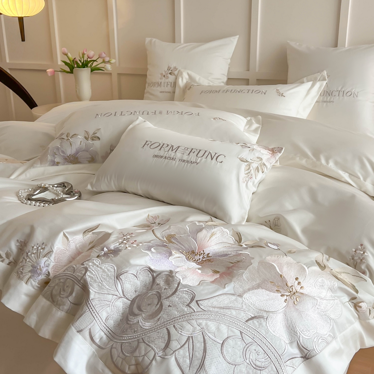 91家纺网 家纺一手货源 找家纺 库里梦家纺 2025新款100S长绒棉纯棉刺绣四件套-春不晚花 春不晚花-皓月白