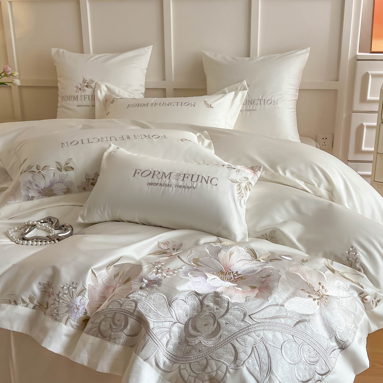 91家纺网 家纺一手货源 找家纺 库里梦家纺 2025新款100S长绒棉纯棉刺绣四件套-春不晚花 春不晚花-皓月白