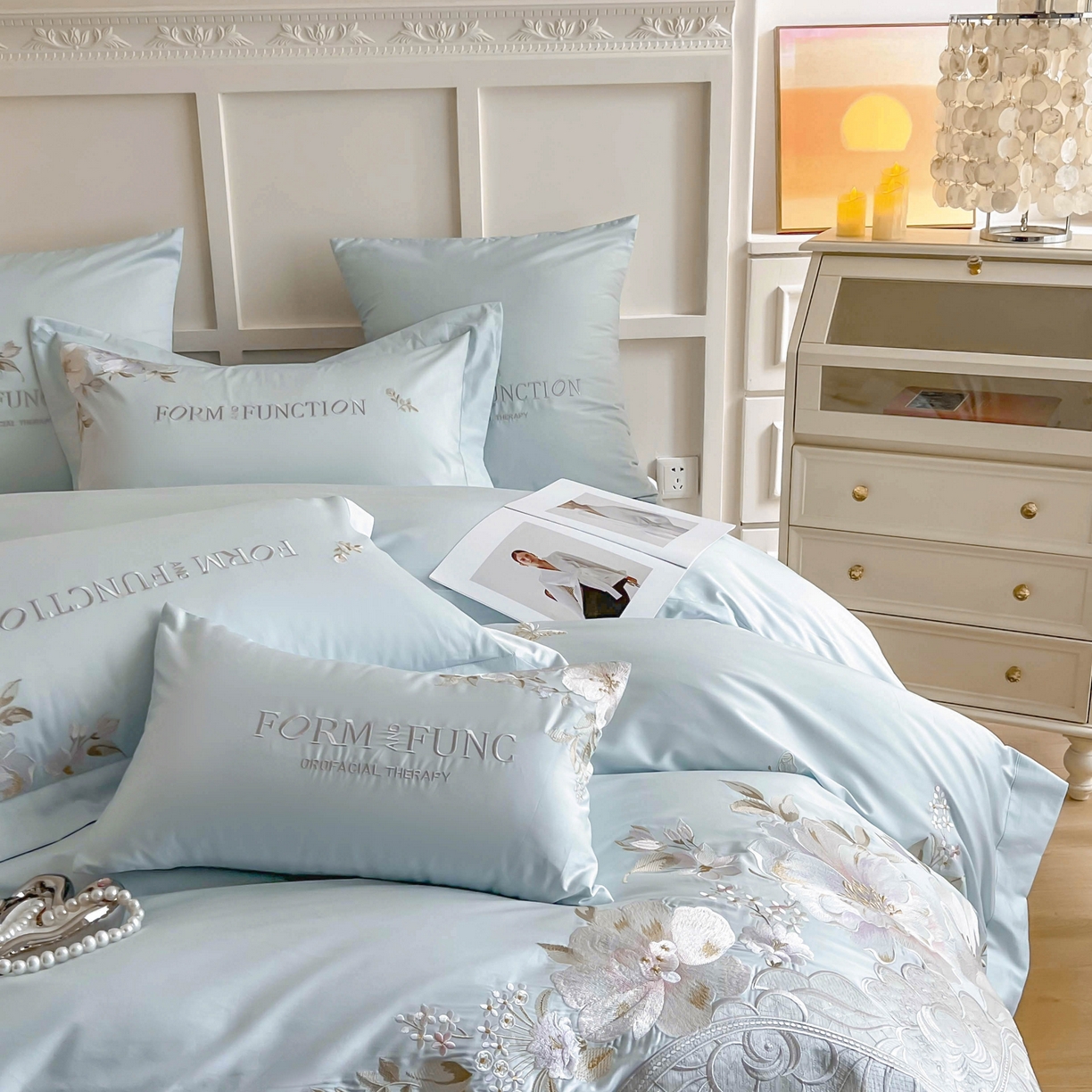 91家纺网 家纺一手货源 找家纺 库里梦家纺 2025新款100S长绒棉纯棉刺绣四件套-春不晚花 春不晚花-浅云蓝