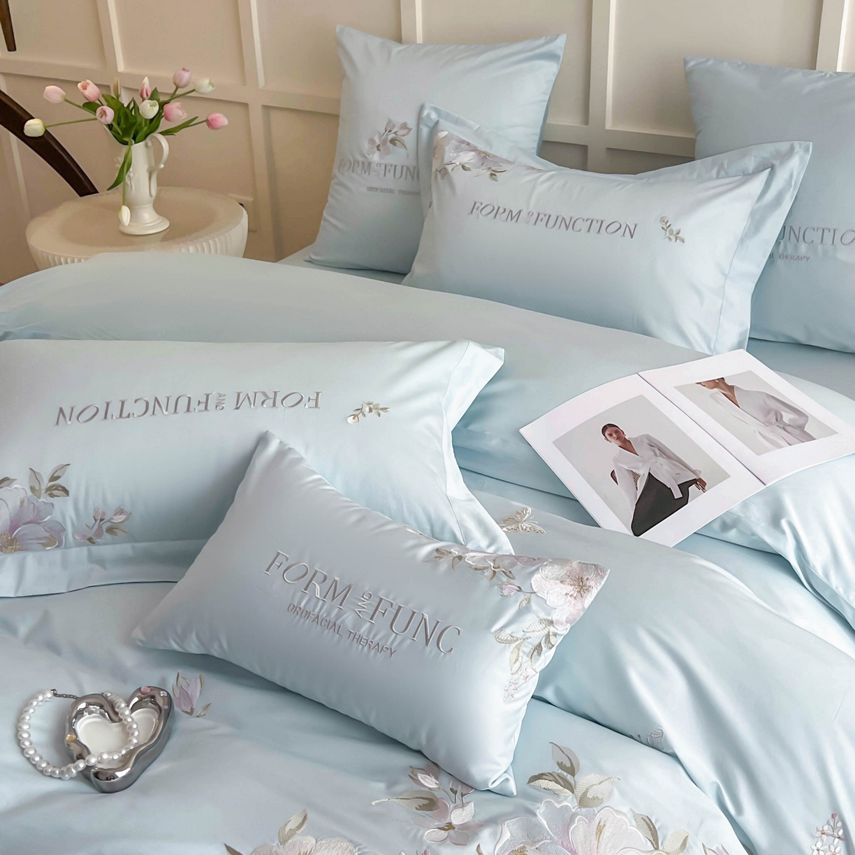 91家纺网 家纺一手货源 找家纺 库里梦家纺 2025新款100S长绒棉纯棉刺绣四件套-春不晚花 春不晚花-浅云蓝