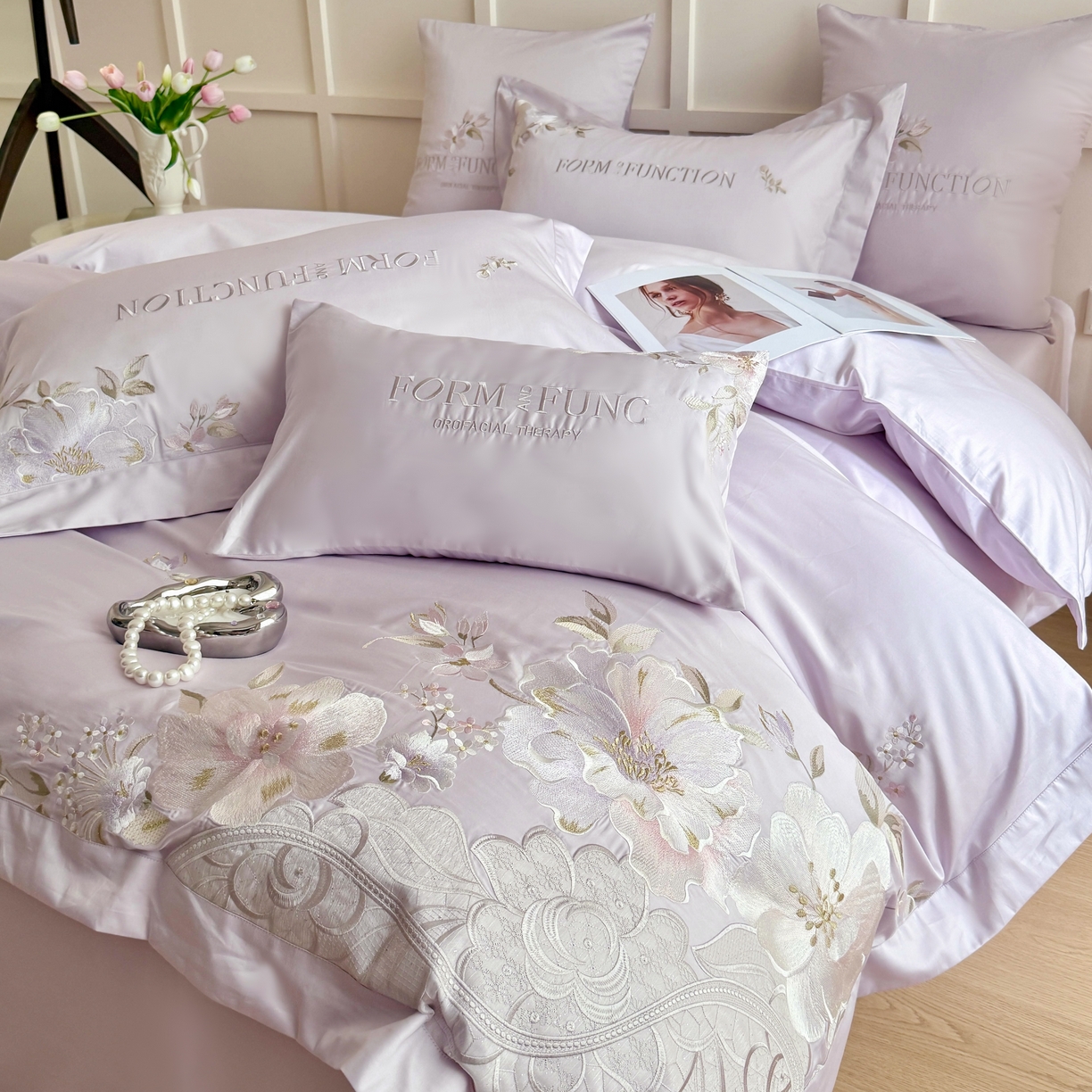 库里梦家纺 2025新款100S长绒棉纯棉刺绣四件套-春不晚花 春不晚花-梦幻紫