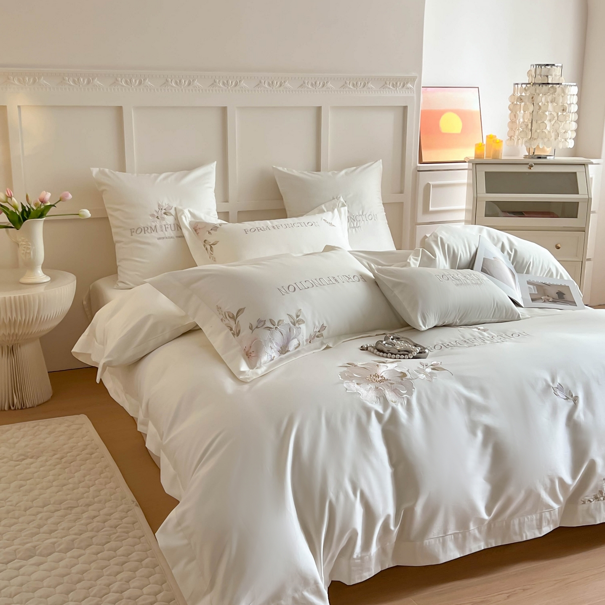 91家纺网 家纺一手货源 找家纺 库里梦家纺 2025新款100S长绒棉纯棉刺绣四件套-春不晚花 春不晚花-皓月白