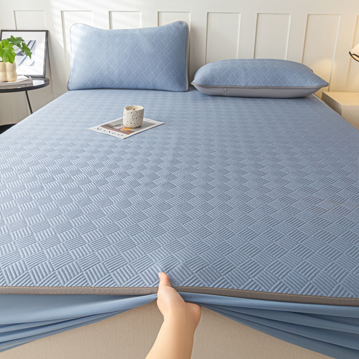 91家纺网 家纺一手货源 找家纺 欧邦 2025新款雅阁系列提花冰豆豆床笠款夏被四件套 雅格-苍兰