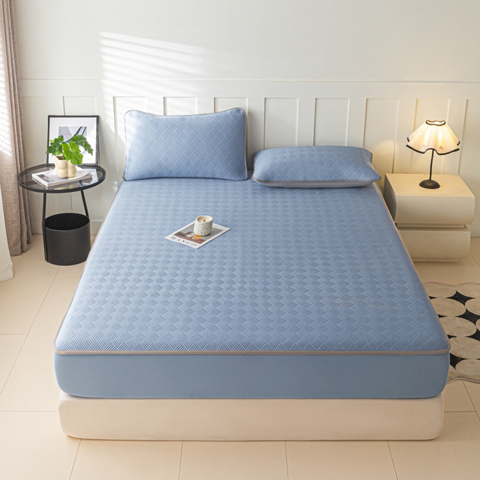 91家纺网 家纺一手货源 找家纺 欧邦 2025新款雅阁系列提花冰豆豆床笠款夏被四件套 雅格-苍兰