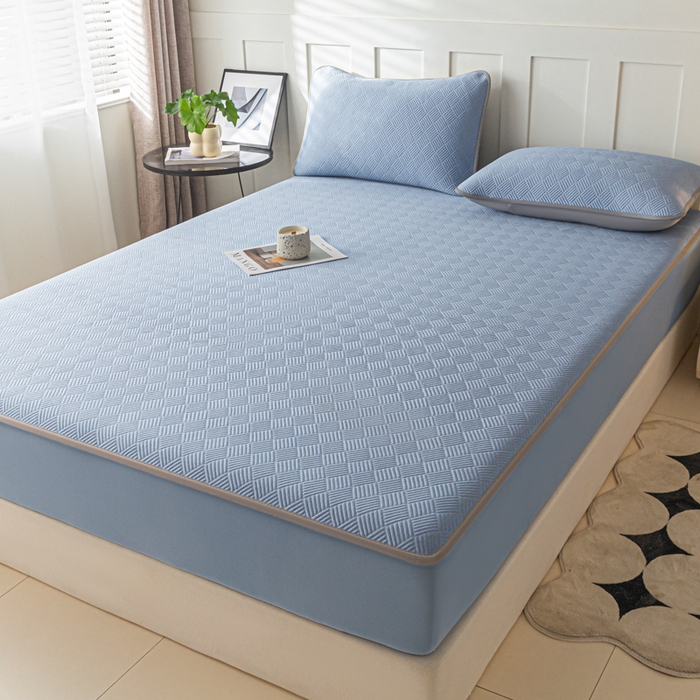 91家纺网 家纺一手货源 找家纺 欧邦 2025新款雅阁系列提花冰豆豆床笠款夏被四件套 雅格-苍兰