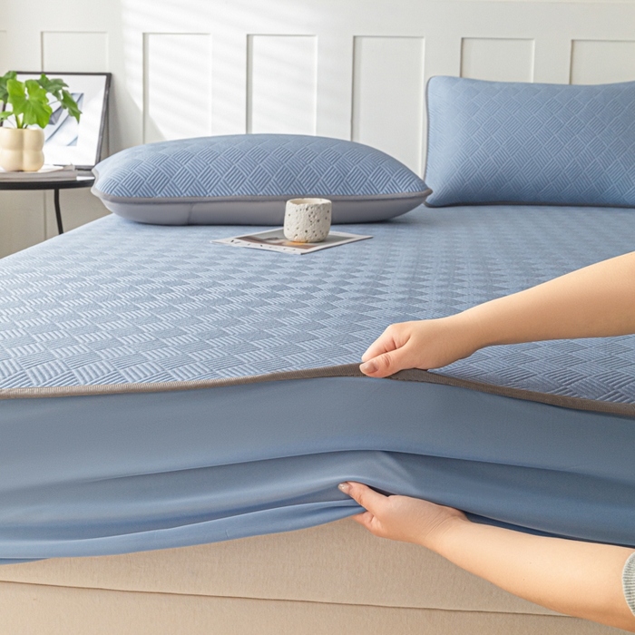 91家纺网 家纺一手货源 找家纺 欧邦 2025新款雅阁系列提花冰豆豆床笠款夏被四件套 雅格-苍兰