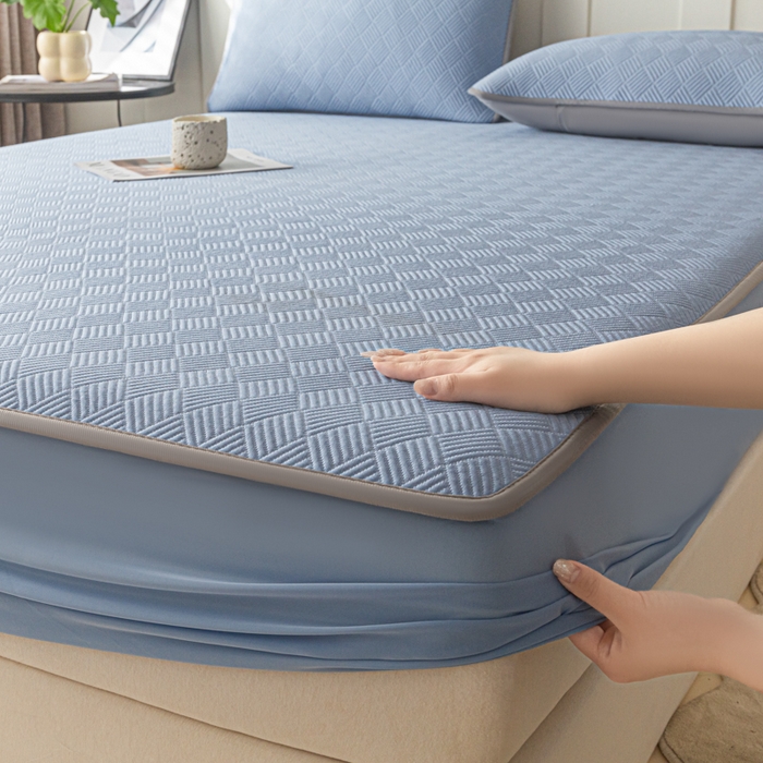 91家纺网 家纺一手货源 找家纺 欧邦 2025新款雅阁系列提花冰豆豆床笠款夏被四件套 雅格-苍兰