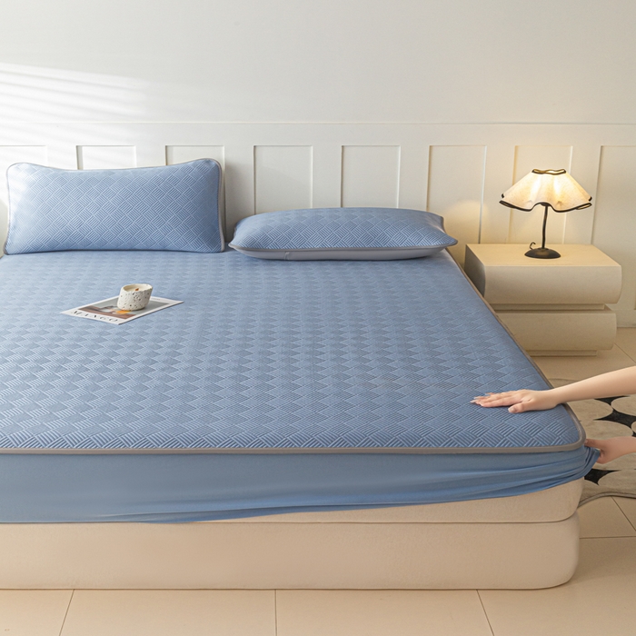 91家纺网 家纺一手货源 找家纺 欧邦 2025新款雅阁系列提花冰豆豆床笠款夏被四件套 雅格-苍兰