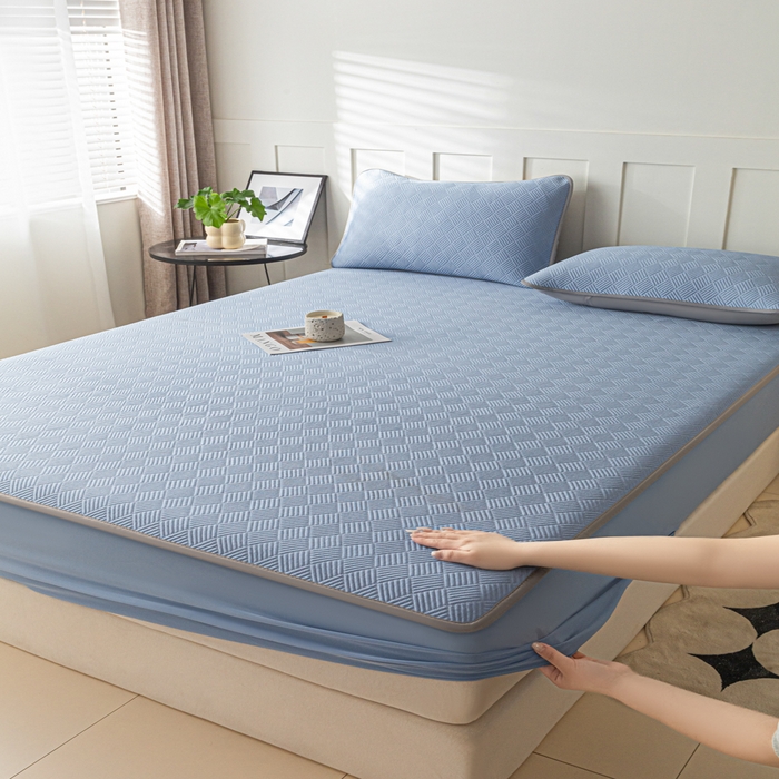 91家纺网 家纺一手货源 找家纺 欧邦 2025新款雅阁系列提花冰豆豆床笠款夏被四件套 雅格-苍兰