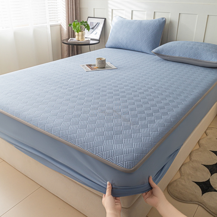 91家纺网 家纺一手货源 找家纺 欧邦 2025新款雅阁系列提花冰豆豆床笠款夏被四件套 雅格-苍兰