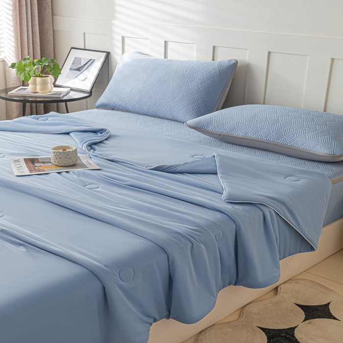 91家纺网 家纺一手货源 找家纺 欧邦 2025新款雅阁系列提花冰豆豆床笠款夏被四件套 雅格-苍兰