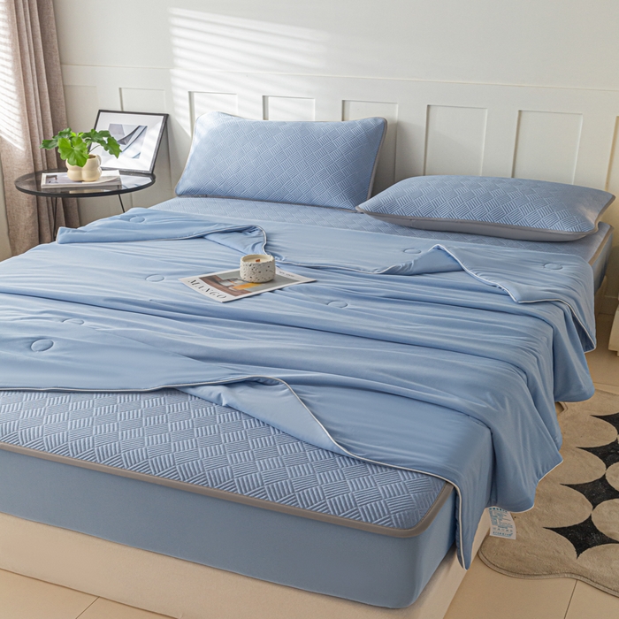 91家纺网 家纺一手货源 找家纺 欧邦 2025新款雅阁系列提花冰豆豆床笠款夏被四件套 雅格-苍兰