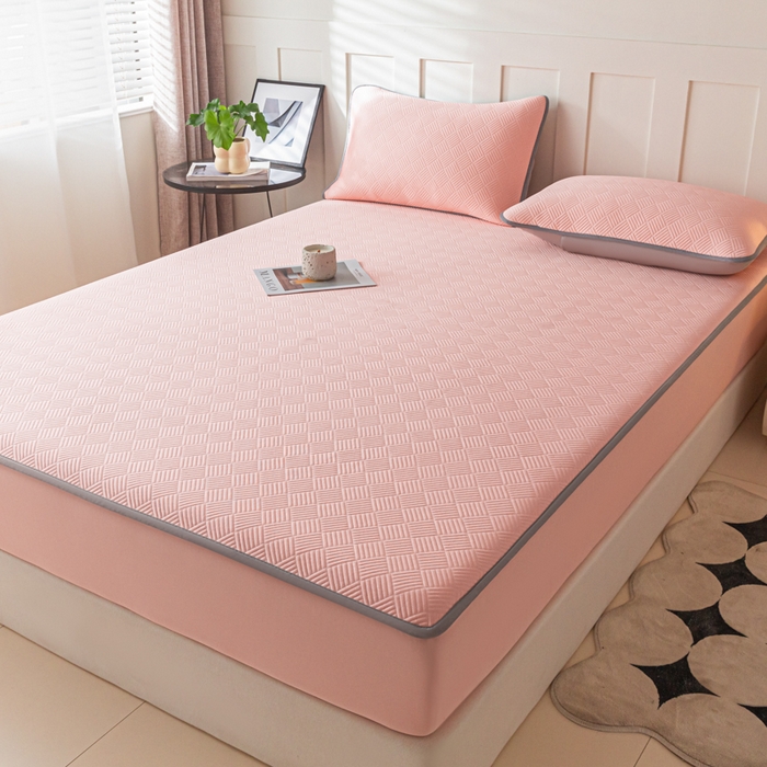 91家纺网 家纺一手货源 找家纺 欧邦 2025新款雅阁系列提花冰豆豆床笠款夏被四件套 雅格-粉色