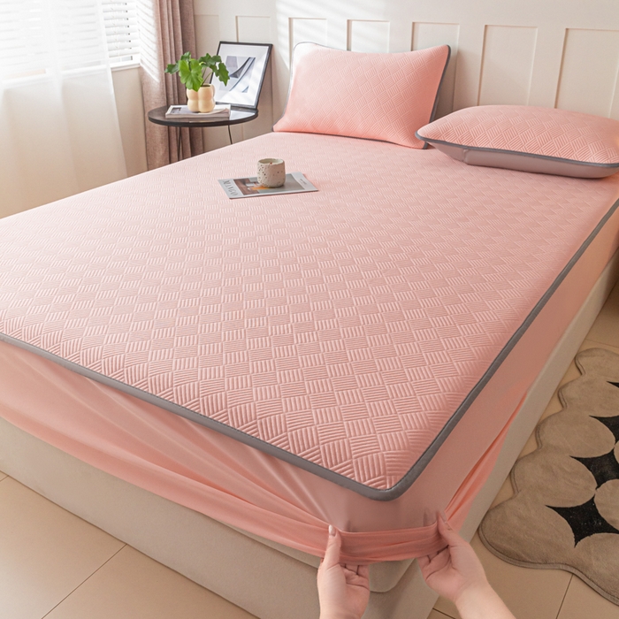 91家纺网 家纺一手货源 找家纺 欧邦 2025新款雅阁系列提花冰豆豆床笠款夏被四件套 雅格-粉色