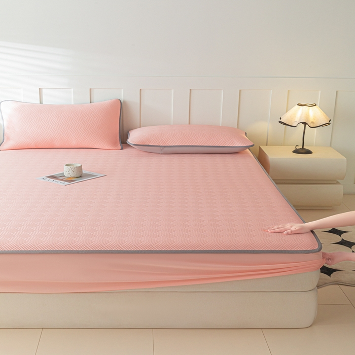 91家纺网 家纺一手货源 找家纺 欧邦 2025新款雅阁系列提花冰豆豆床笠款夏被四件套 雅格-粉色