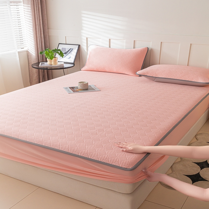 91家纺网 家纺一手货源 找家纺 欧邦 2025新款雅阁系列提花冰豆豆床笠款夏被四件套 雅格-粉色