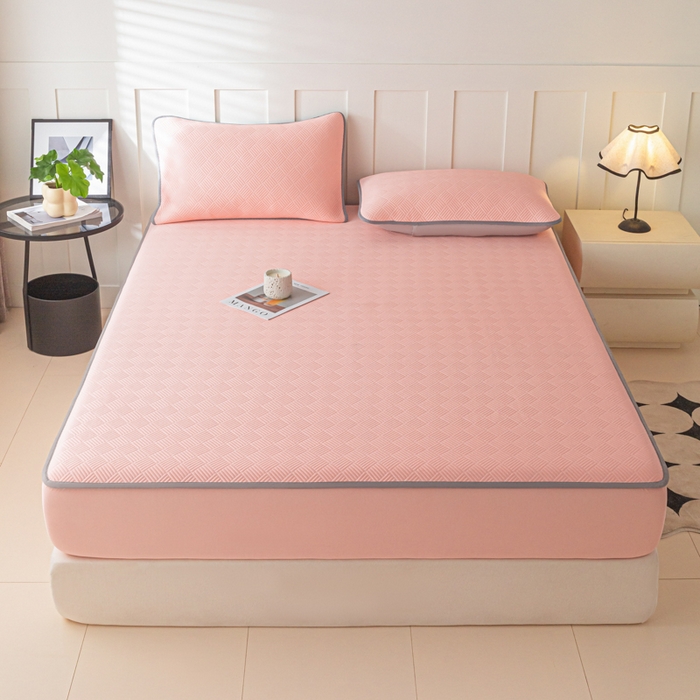 91家纺网 家纺一手货源 找家纺 欧邦 2025新款雅阁系列提花冰豆豆床笠款夏被四件套 雅格-粉色