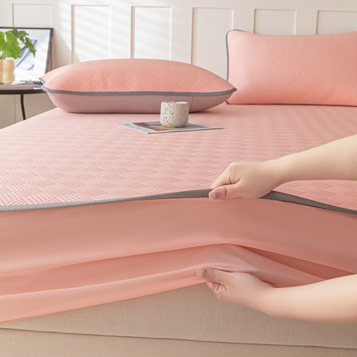 91家纺网 家纺一手货源 找家纺 欧邦 2025新款雅阁系列提花冰豆豆床笠款夏被四件套 雅格-粉色