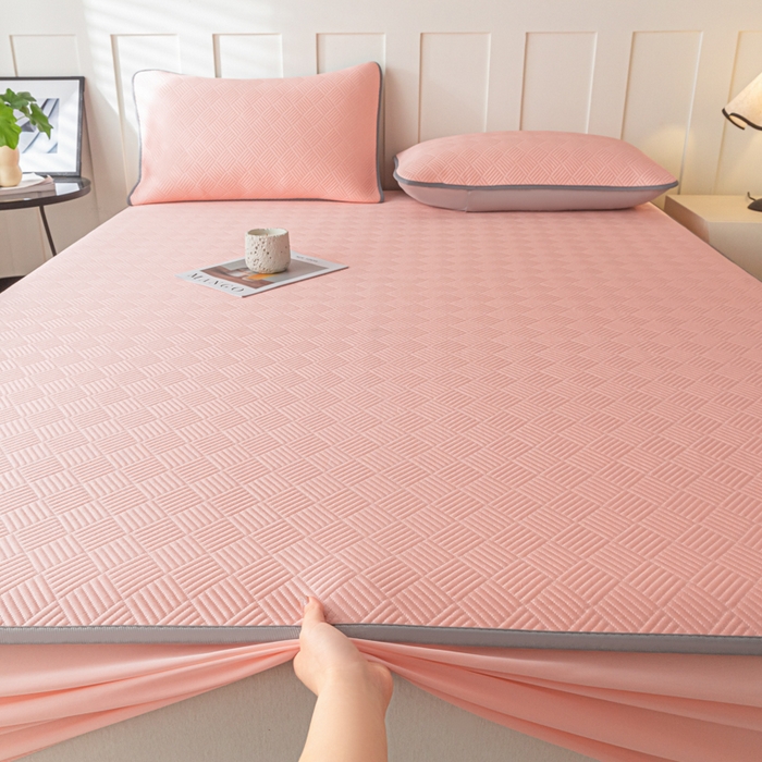 91家纺网 家纺一手货源 找家纺 欧邦 2025新款雅阁系列提花冰豆豆床笠款夏被四件套 雅格-粉色