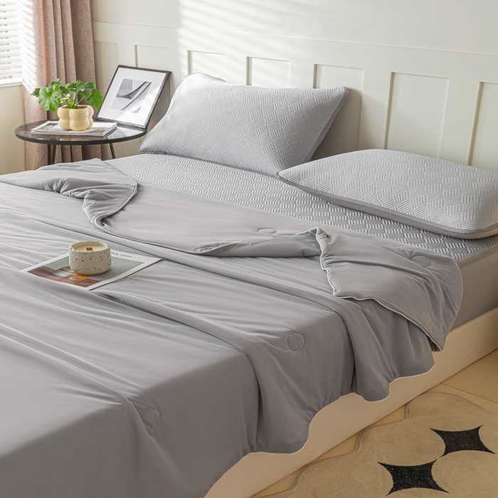 91家纺网 家纺一手货源 找家纺 欧邦 2025新款雅阁系列提花冰豆豆床笠款夏被四件套 雅格-灰色