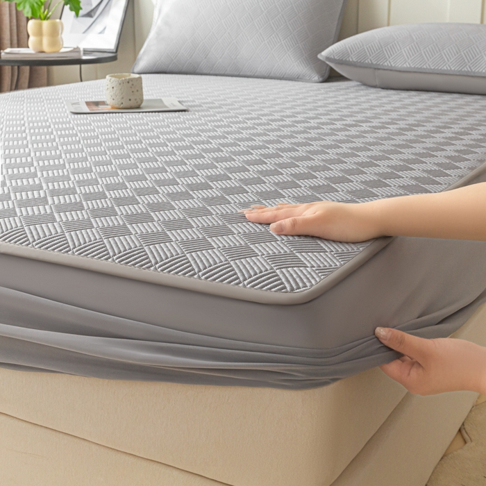 91家纺网 家纺一手货源 找家纺 欧邦 2025新款雅阁系列提花冰豆豆床笠款夏被四件套 雅格-灰色