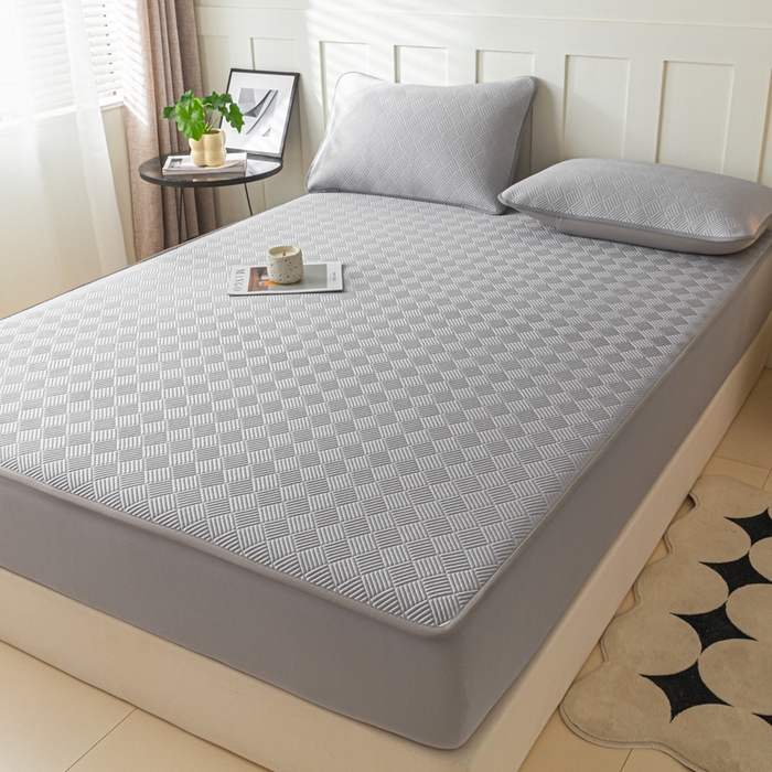 91家纺网 家纺一手货源 找家纺 欧邦 2025新款雅阁系列提花冰豆豆床笠款夏被四件套 雅格-灰色