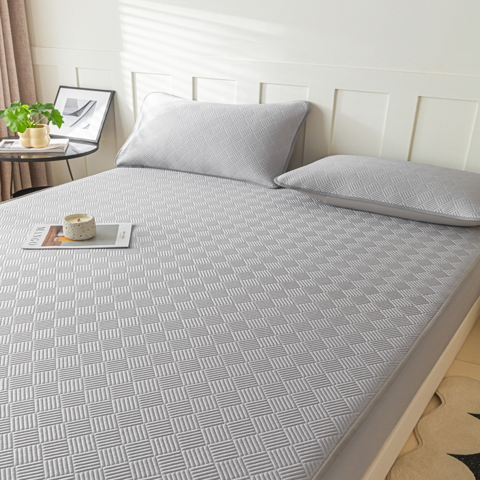 91家纺网 家纺一手货源 找家纺 欧邦 2025新款雅阁系列提花冰豆豆床笠款夏被四件套 雅格-灰色