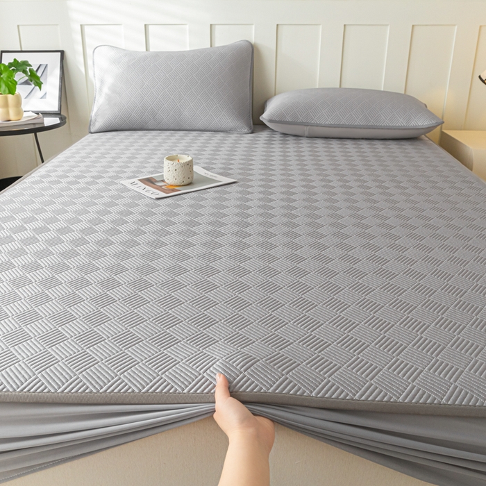 91家纺网 家纺一手货源 找家纺 欧邦 2025新款雅阁系列提花冰豆豆床笠款夏被四件套 雅格-灰色