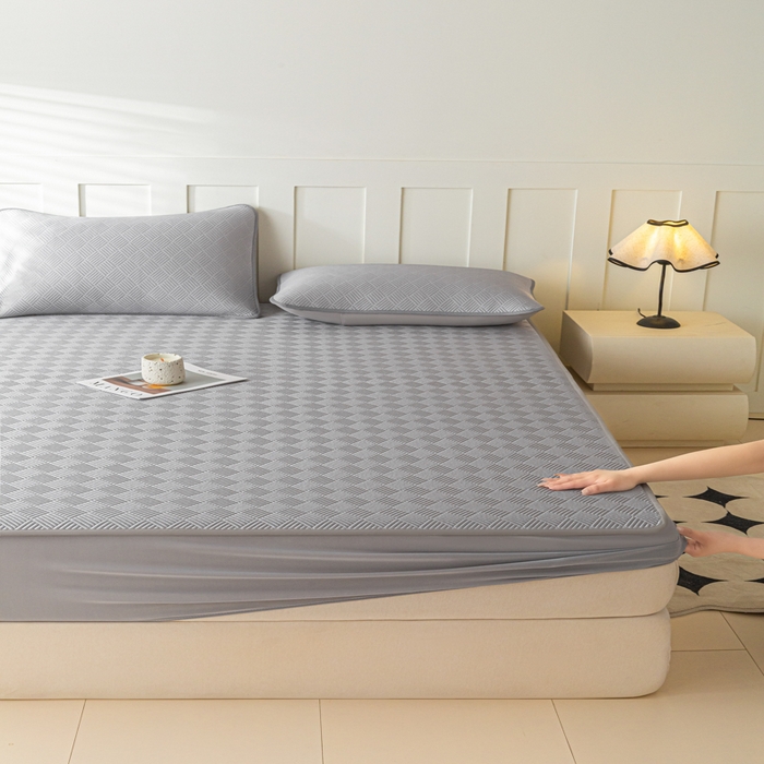 91家纺网 家纺一手货源 找家纺 欧邦 2025新款雅阁系列提花冰豆豆床笠款夏被四件套 雅格-灰色