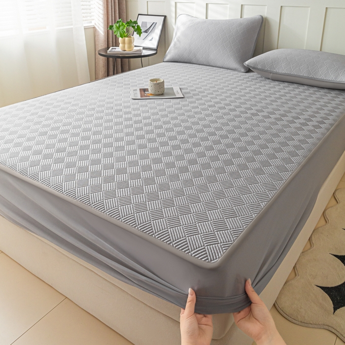 91家纺网 家纺一手货源 找家纺 欧邦 2025新款雅阁系列提花冰豆豆床笠款夏被四件套 雅格-灰色