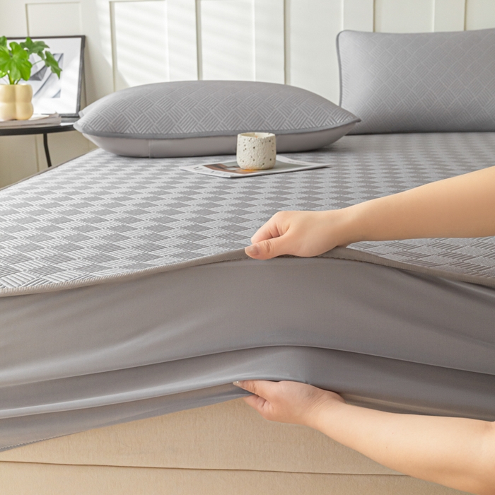 91家纺网 家纺一手货源 找家纺 欧邦 2025新款雅阁系列提花冰豆豆床笠款夏被四件套 雅格-灰色