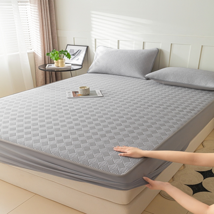 91家纺网 家纺一手货源 找家纺 欧邦 2025新款雅阁系列提花冰豆豆床笠款夏被四件套 雅格-灰色