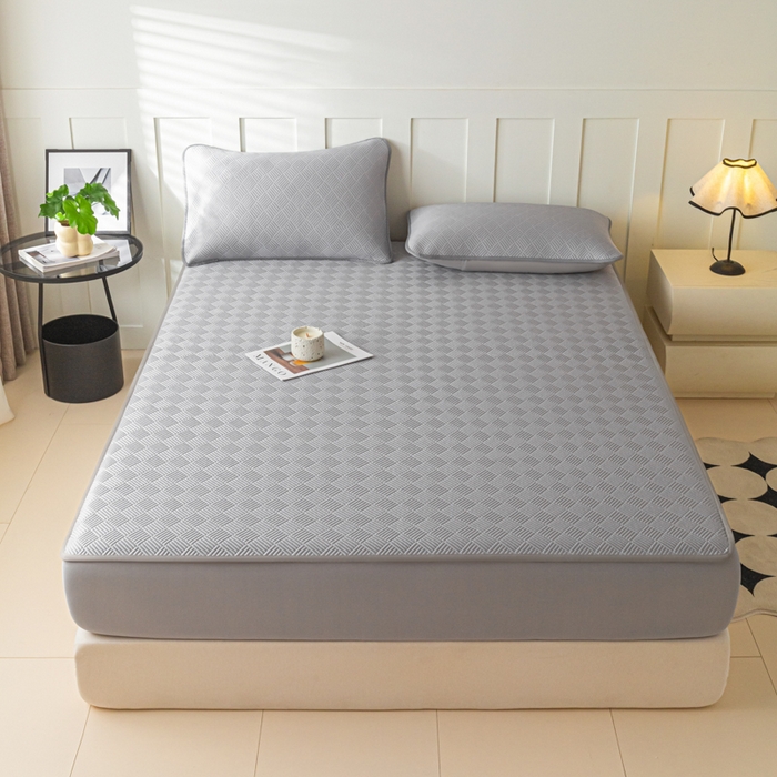 91家纺网 家纺一手货源 找家纺 欧邦 2025新款雅阁系列提花冰豆豆床笠款夏被四件套 雅格-灰色