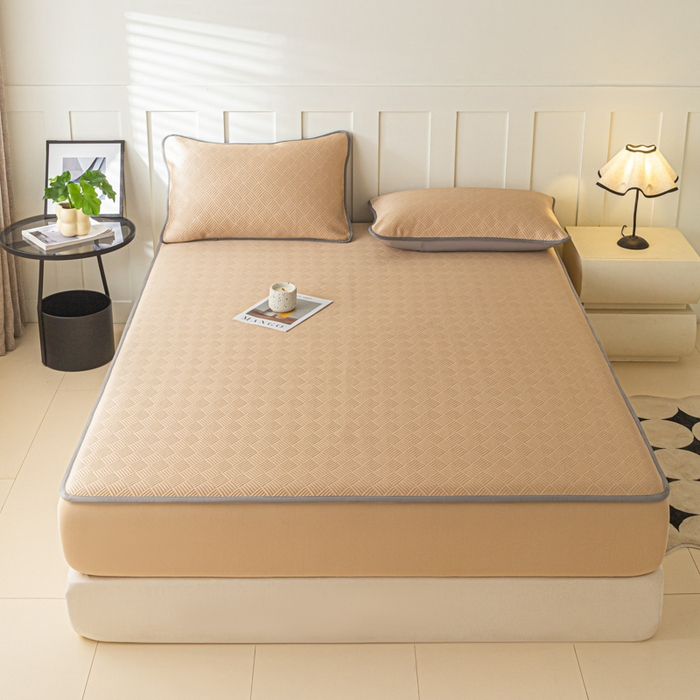 91家纺网 家纺一手货源 找家纺 欧邦 2025新款雅阁系列提花冰豆豆床笠款夏被四件套 雅格-咖色