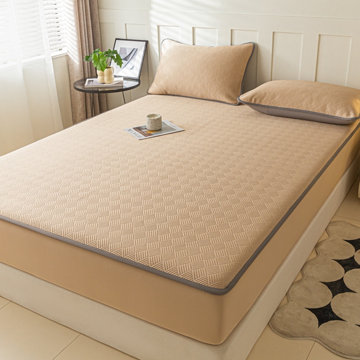 91家纺网 家纺一手货源 找家纺 欧邦 2025新款雅阁系列提花冰豆豆床笠款夏被四件套 雅格-咖色