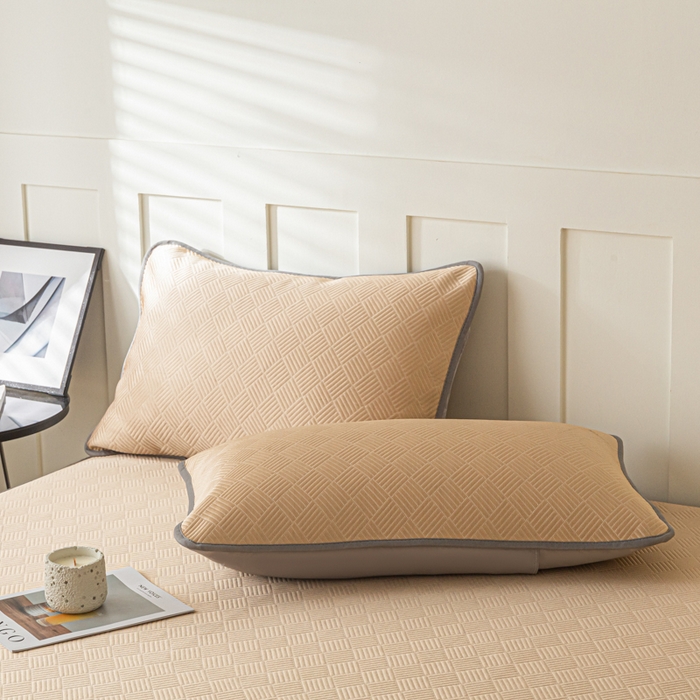 91家纺网 家纺一手货源 找家纺 欧邦 2025新款雅阁系列提花冰豆豆床笠款夏被四件套 雅格-咖色